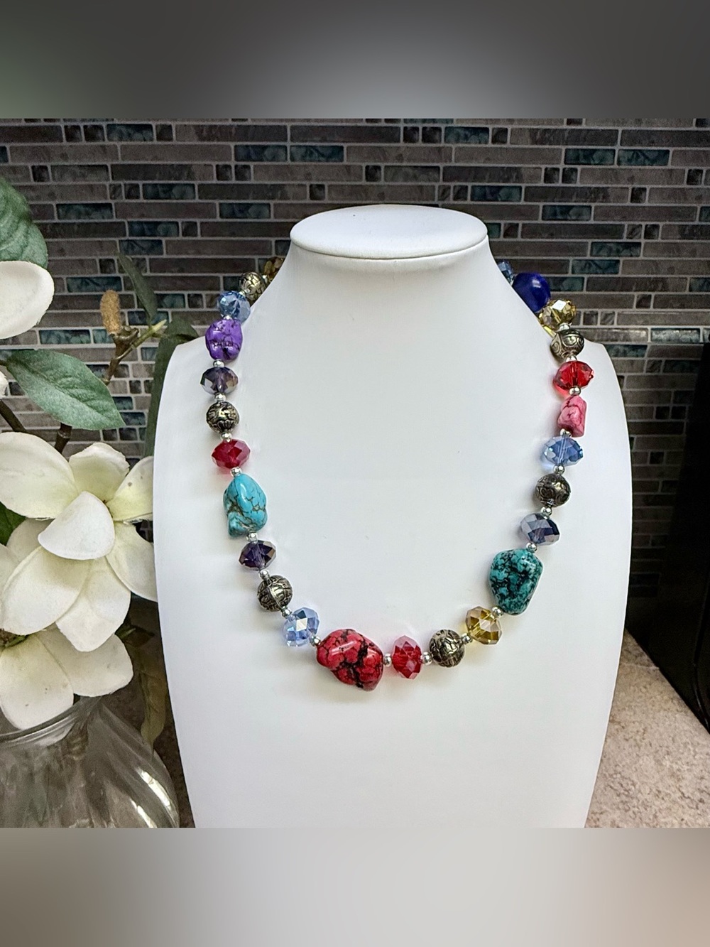 Hand crafted brightly colored stone necklace